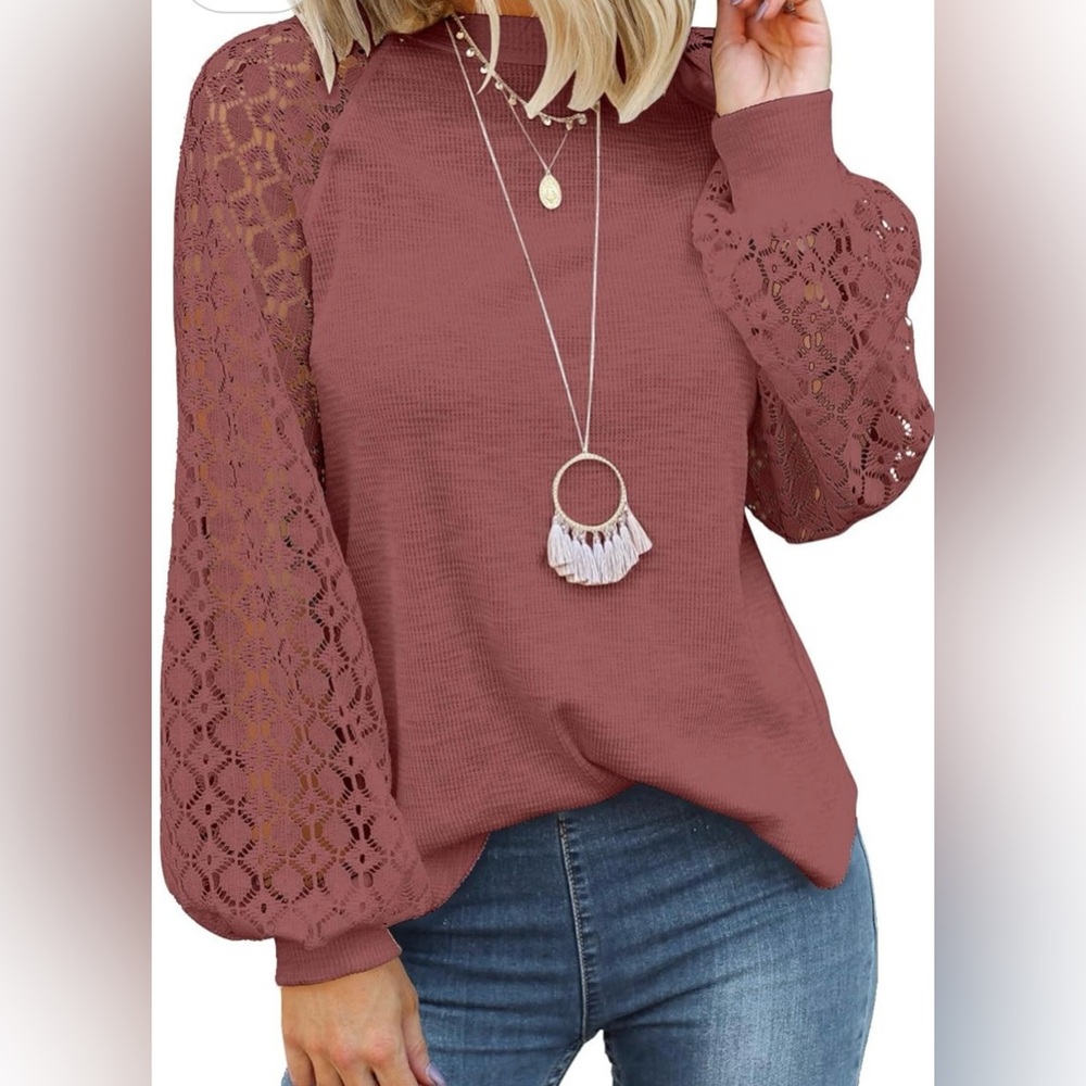 Amazon - Rusty Rose Lace Sleeve Waffle Blouse